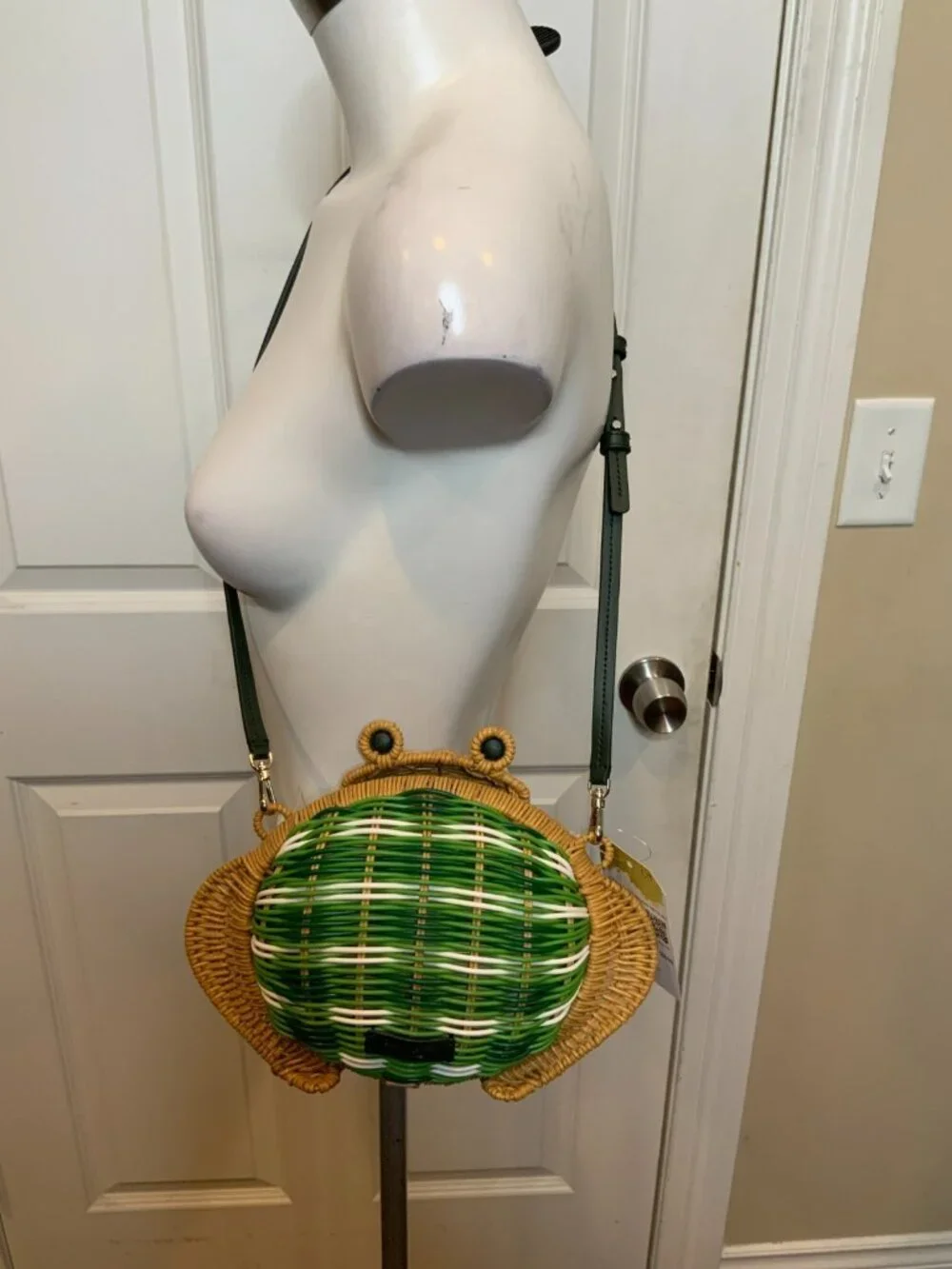 Kate Spade New York Green White Striped Hopkins Frog Wicker Bag NWT!